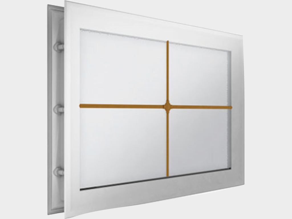 Acrylic window 452 x 302, white with cross layout (art. DH85627). The special design ensures a tight fit to the door leaf, which protects it from freezing and heat loss. Stylistic insert in the shape of a cross. White edging.